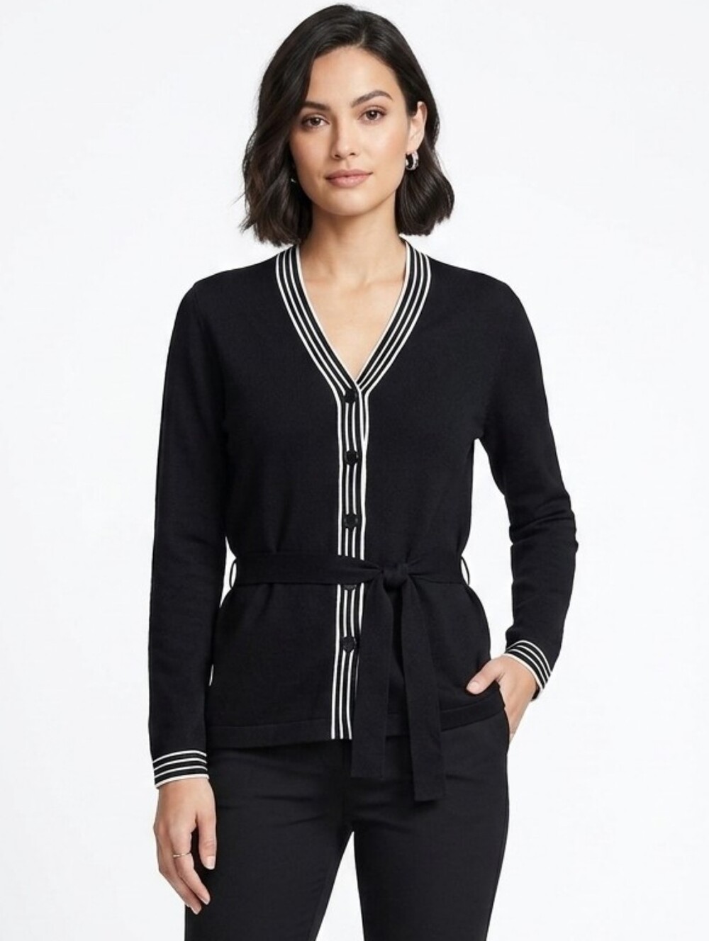 Kate Hill Black Cardigan with White Trim And Belted Large